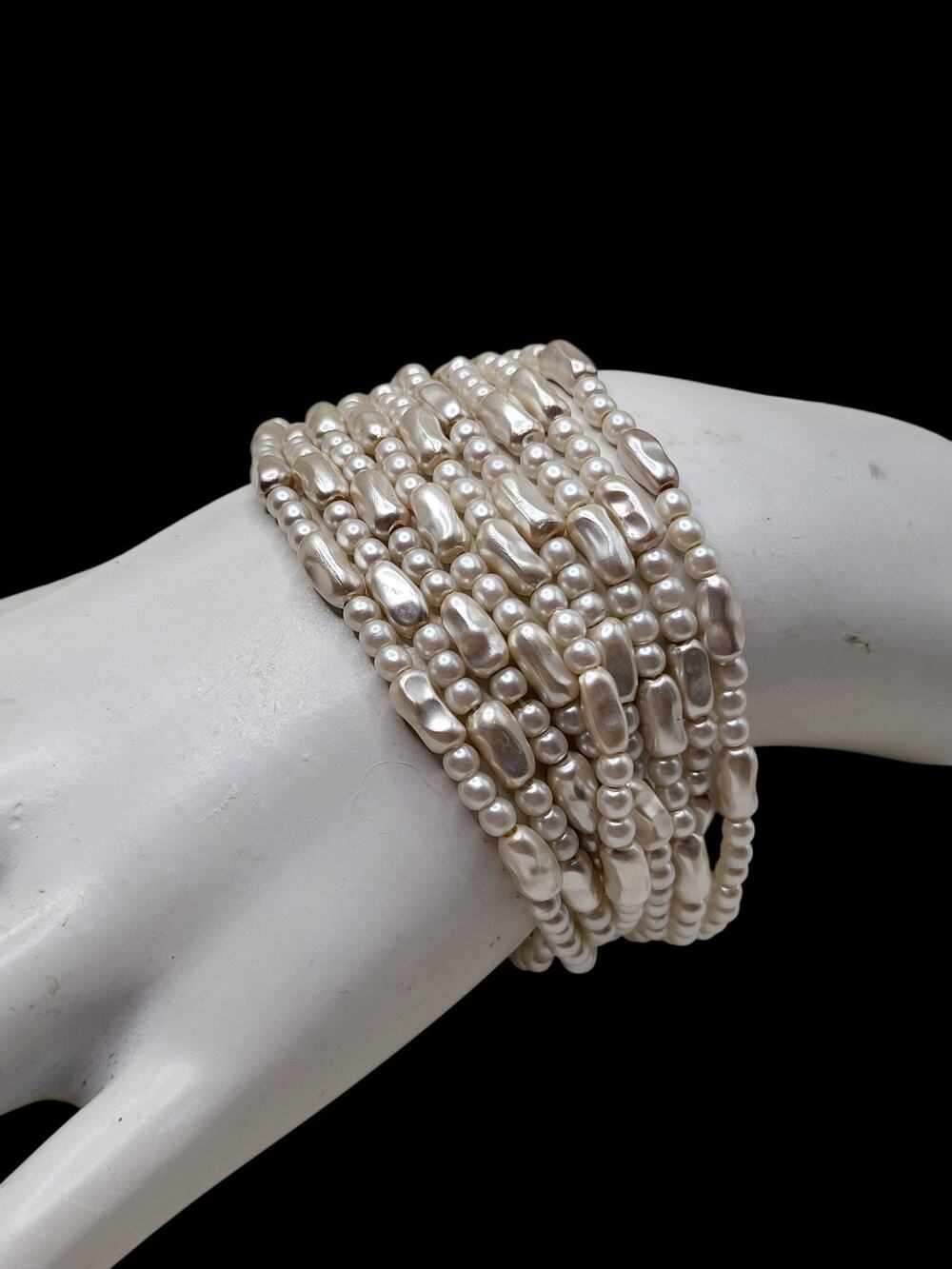 Vintage Napier 9 Strand Faux Pearl Bracelet Gold Tone Clasp Signed 7.5 in